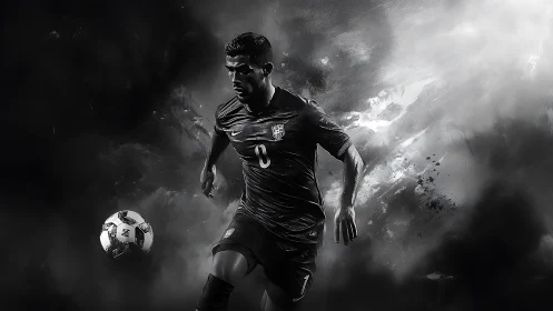 Electric grayscale soccer charge through swirling smoke.