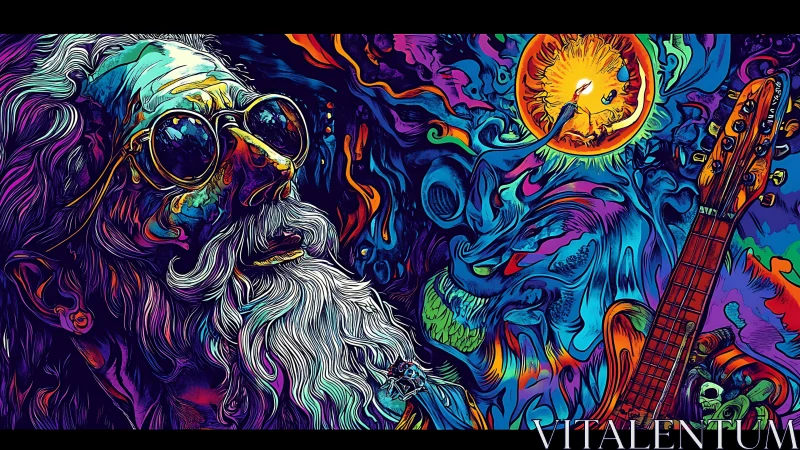 Psychedelic elder musician amid swirling neon visions.