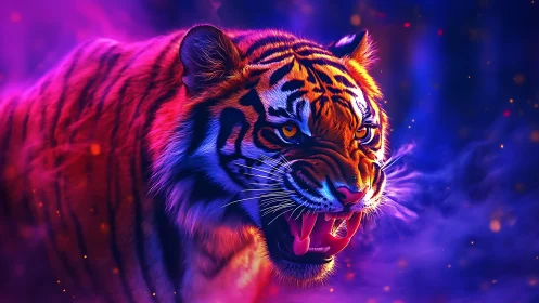Neon-lit tiger portrait with dramatic roaring intensity.