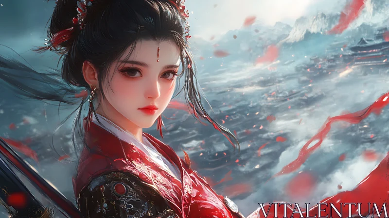 Warrior woman in red robe over snowy mountain battlefield.