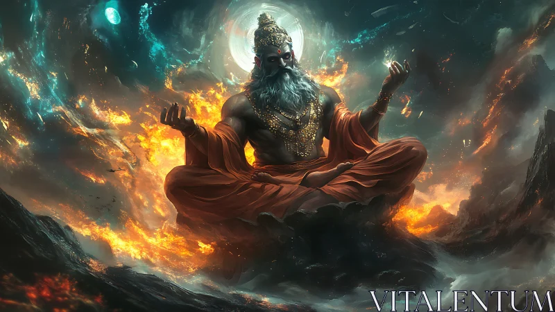 Cosmic sage weaves fire and starlight in serene balance