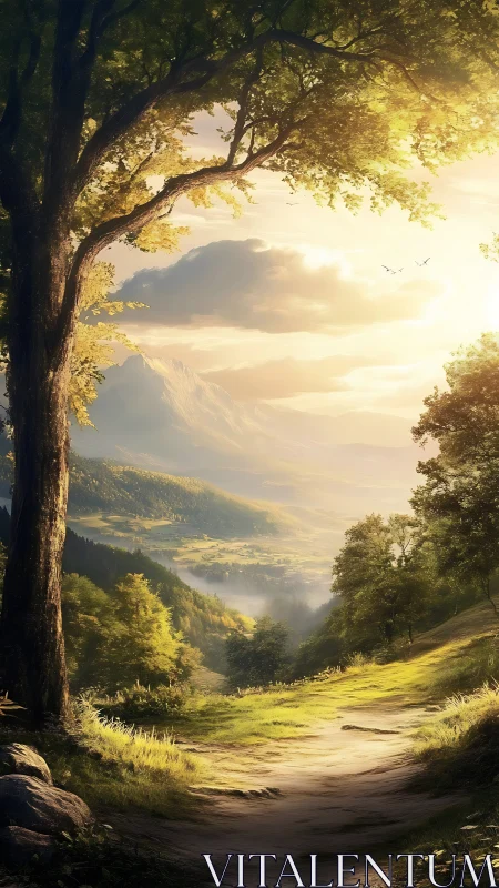 Sunlit forest trail opens onto a tranquil golden valley