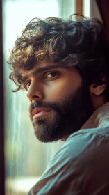 Gentle bearded gaze resting in soft window light.