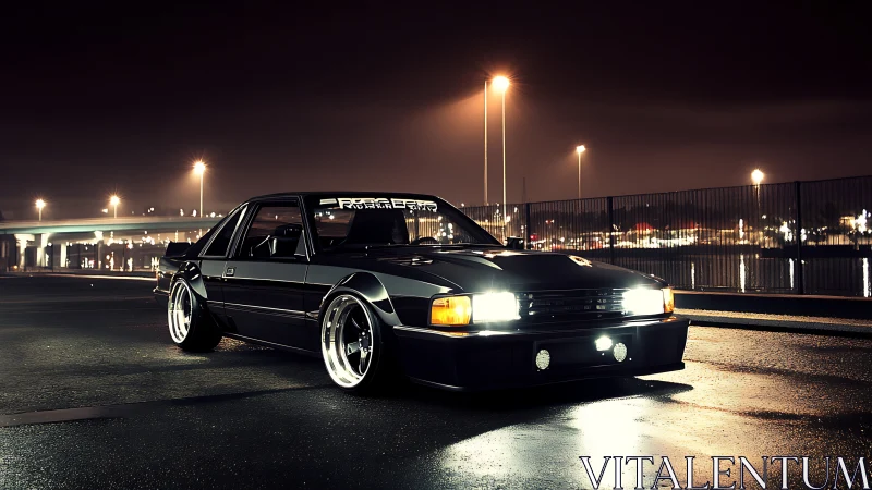 Slammed black street car glows under moody harbor lights at night