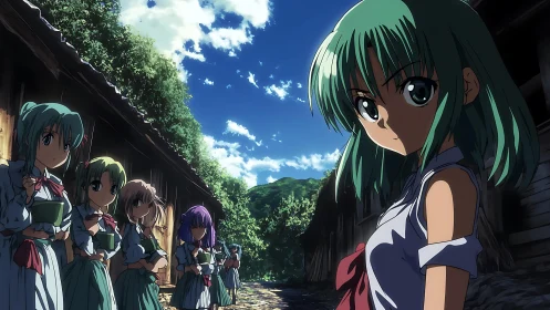 Sunlit rural lane with uniformed anime schoolgirls in profile