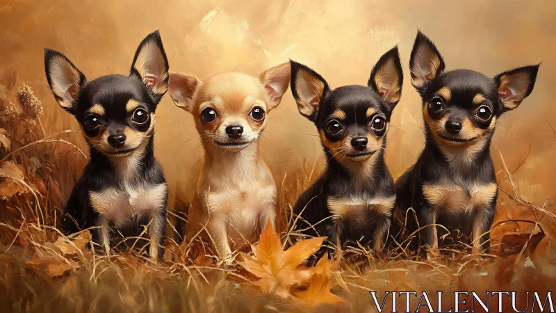 Four small chihuahuas sit in autumn grass facing forward