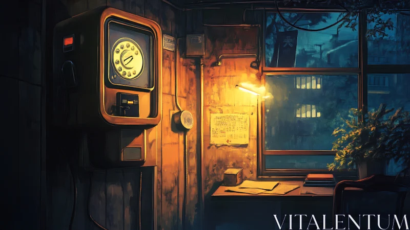 Retro office corner with rotary phone and lamplit window scene.