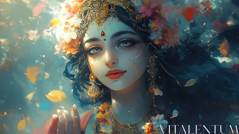Mystical goddess portrait with jeweled crown amid drifting petals