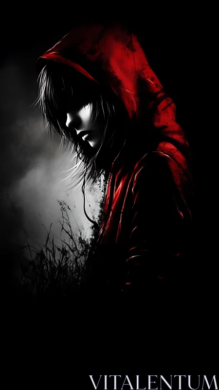 Shadowed figure in a crimson hood, pausing between worlds.