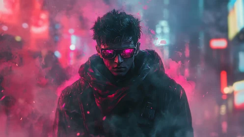 Figure in reflective visor stands in neon fog-filled streets