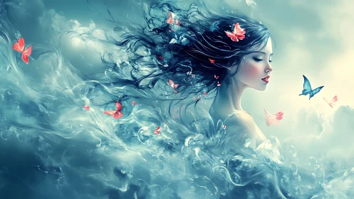 Dreamy sky muse drifts with butterflies on flowing waves