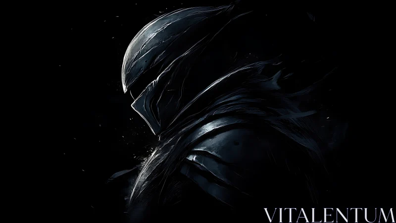 Armored shadow knight emerges from darkness in moody profile