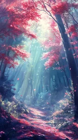 Enchanted Forest Path Glowing with Pink Blossoms.