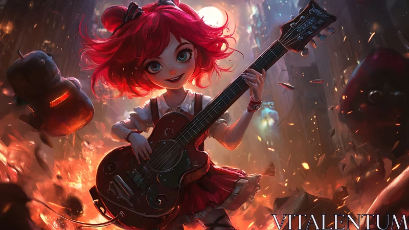Anime rock heroine with electric guitar in fiery alleyway.