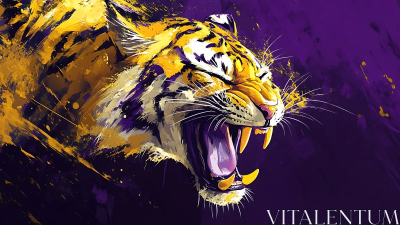 Tiger head profile rendered in abstract purple and yellow digital art.