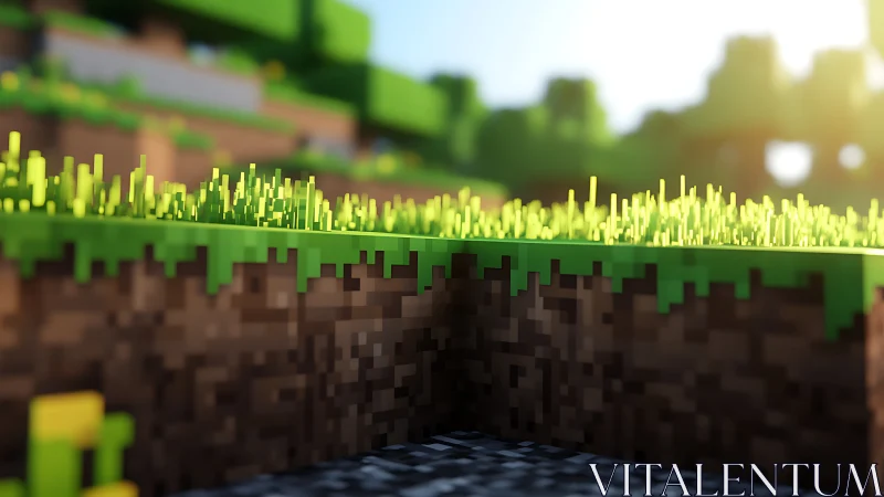 Voxel grass plateau in warm sunrise depth of field scene.