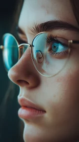 Close profile portrait captures reflective gaze in glasses.