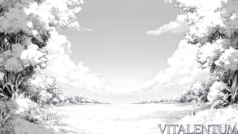 Calm monochrome landscape with trees framing open field.