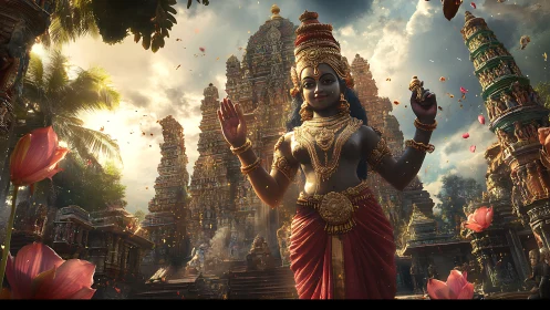 Divine temple deity rises amid lush, flower-filled courtyard.