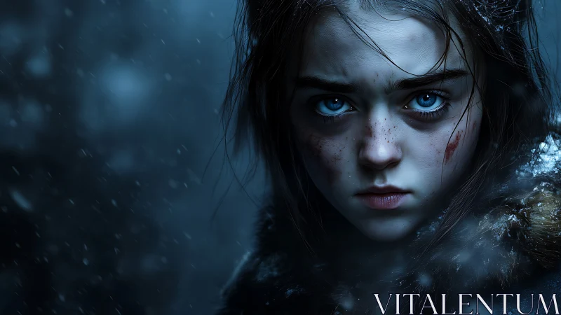 Fierce blue-eyed girl stares through storm-dark winter night