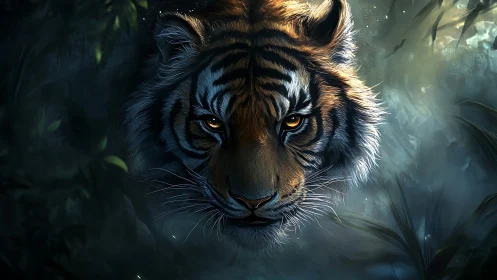 Low key frontal tiger portrait with volumetric jungle fog
