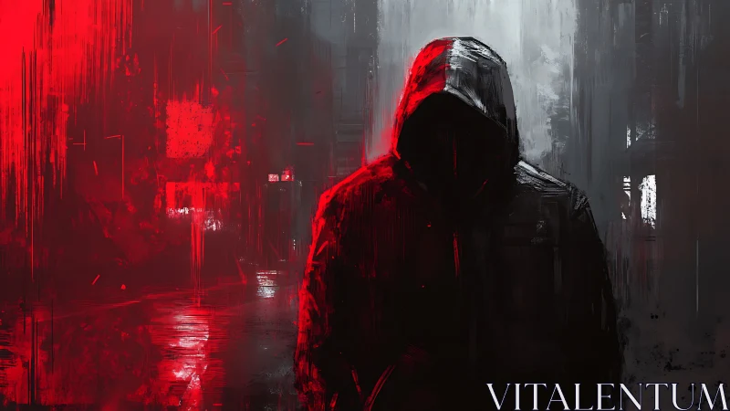 Hooded shadow figure amid red and gray urban storm.