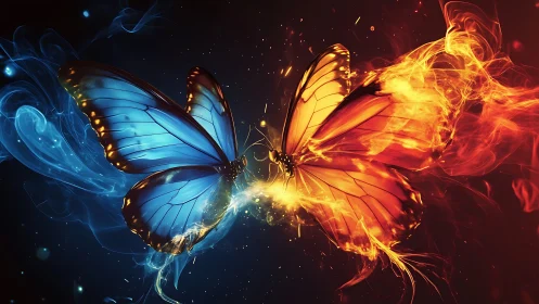 Dual colored butterflies with smoke and fire effects in motion.