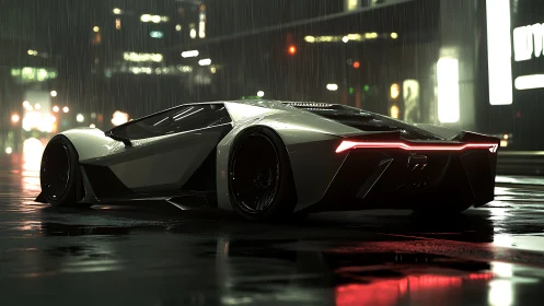 Futuristic supercar under neon rain in moody night city.