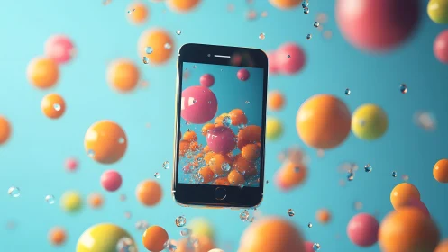 Smartphone floating among colorful spheres in surreal digital art.