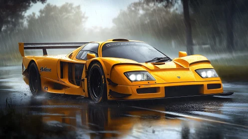 Aerodynamic yellow race car drifting on wet track under rainfall