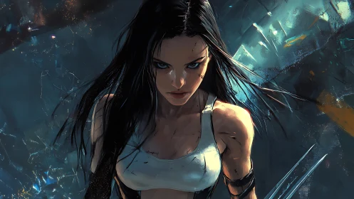 Steel-gazed warrior strides through shattering neon storm.