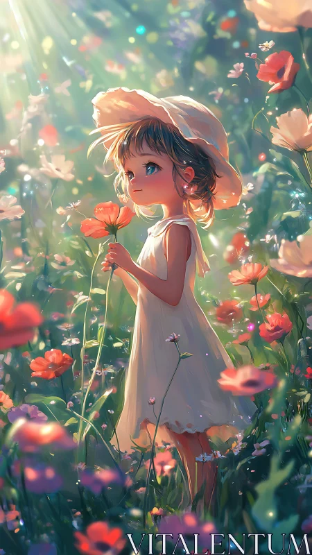 Young girl in sunlit flower meadow savors a quiet dream