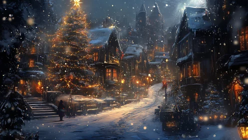 Snowlit village street with illuminated Christmas tree at dusk.