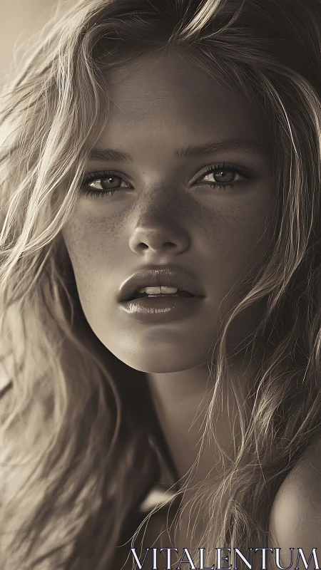 Monochrome close-up portrait of freckled woman, soft focus