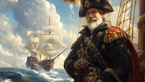 Weathered sea captain and tall ship under bright skies.