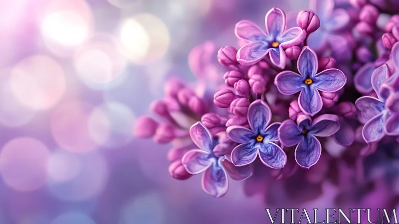 Macro-photographic rendering of lilac blossoms with volumetric bokeh depth-of-field effects