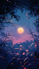 Moonlit meadow portal under electric twilight hush.