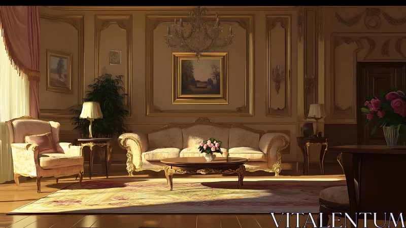 Elegant classical living room with ornate gold detailing.