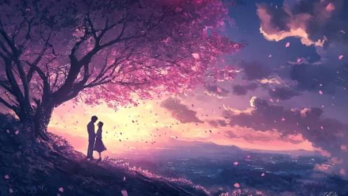Silhouetted couple stands beneath dense cherry tree canopy at dusk