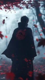 Solitary cloaked figure in foggy forest with red foliage.