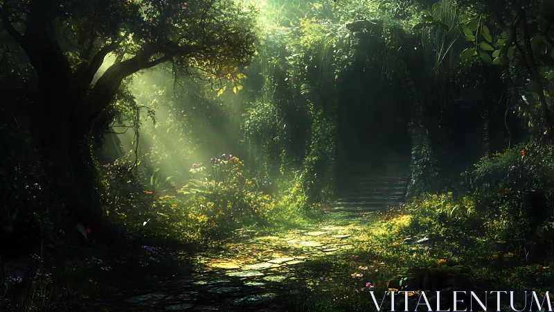 Enchanted Forest Canopy Path Illuminated by Golden Rays