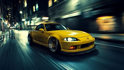 Yellow tuner Honda racing through cinematic night city streets.
