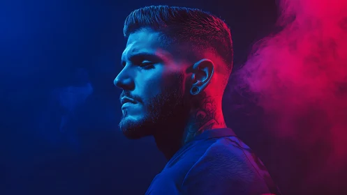Moody neon portrait captures a tattooed man in electric light