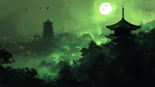 Green moonlit pagoda city in dense misty valley at night.
