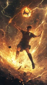 Fiery soccer striker explodes from molten ground in midair.