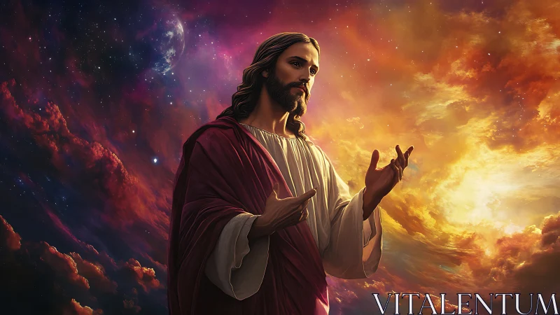 Celestial robed figure illuminated against high-saturation nebula sky