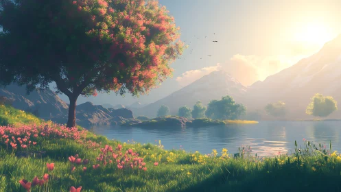 Sunlit lakeside blossoms glow beneath misty mountains.
