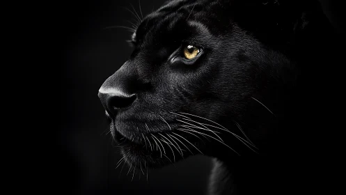 Black panther profile shows piercing amber eyes against dark background.