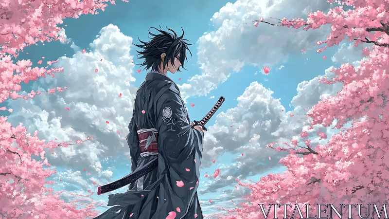 Quiet samurai pauses under drifting cherry blossoms