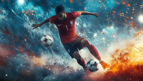 Soccer player explodes through cosmic field of light and color